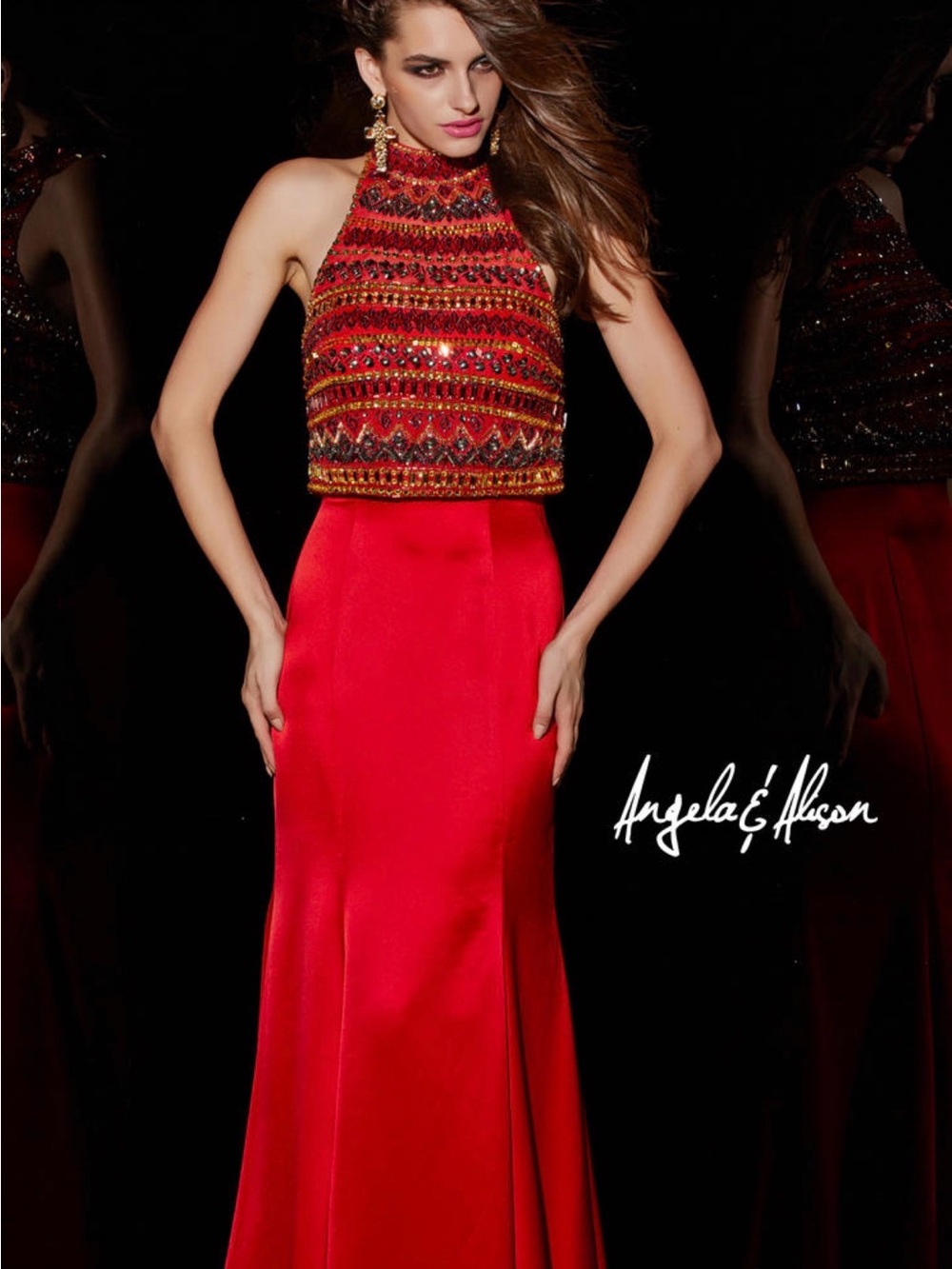 Angela & Alison Red Beaded Halter Two-Piece Maxi Gown